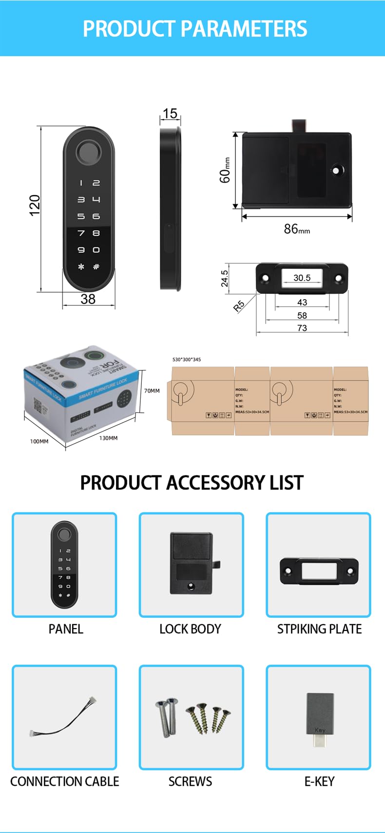 Waterproof Smart Fingerprint Cabinet Lock with USB Key for Wooden Furniture Drawer and Wardrobe