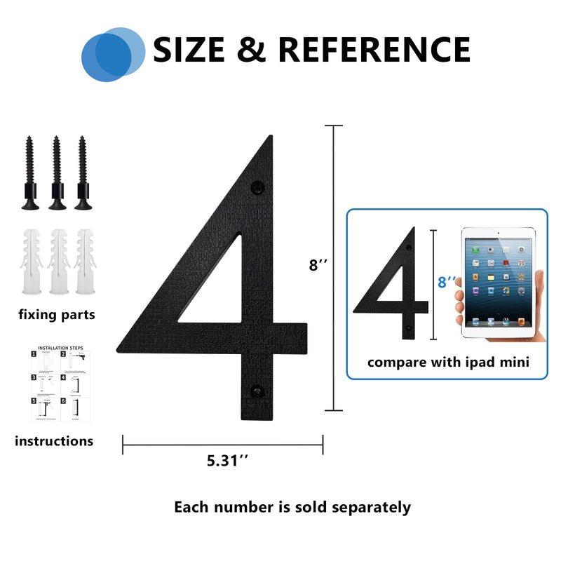 8’’ Modern Floating House Numbers for Outside, Large Black Shadow Home Number with Nails Kit & Template, Easy to Be Mounted for Exterior House Address, Garage Gate, Street, Farmhouse, Number 4 House numbers 4