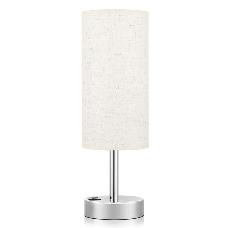 Touch Table Lamp for Bedroom Nightstand - Bedside Lamp with USB-C USB-A Charging Ports White, 3 Way Dimmable Small Lamp Fabric Shade Silver Base for Bedroom, Dorm Room, Office, Living Room, Reading 14in Cream
