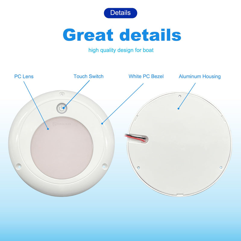 Marine Boat Dome Light, 5’’ Dual Color Boat Interior Lights with Touch Dimmer, 12V/24V Deck Cabin LED Lighting, IP67 Waterproof LED Dome Light for Boat RV UTV (White | Red) White | Red
