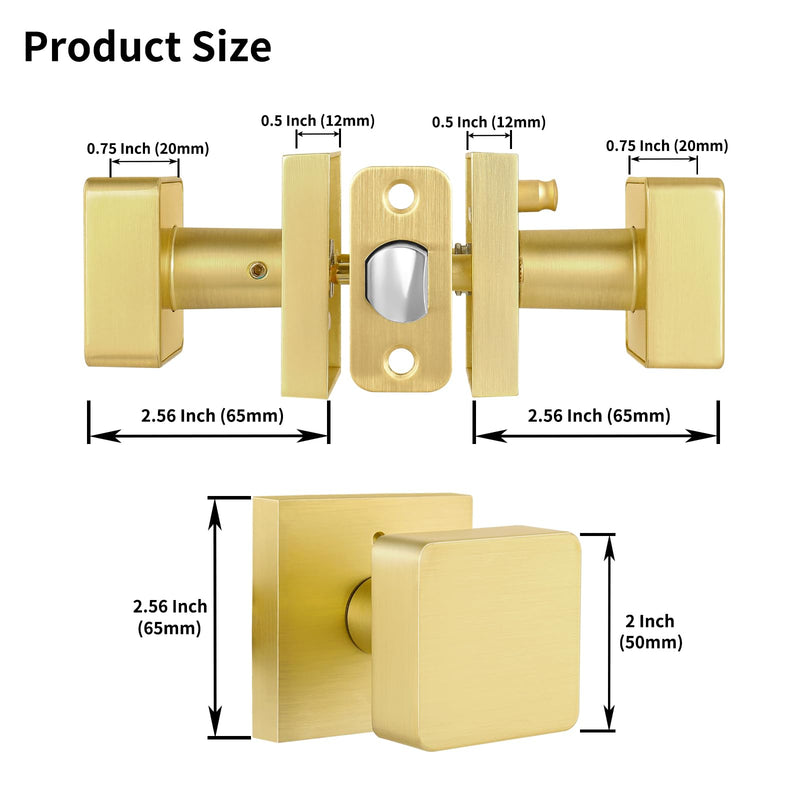 Gold Door Knobs Interior, Satin Brass Privacy Bedroom Interior Door Knob with Lock, Modern Square Brushed Brass Door Handle for Bathroom, Heavy Duty