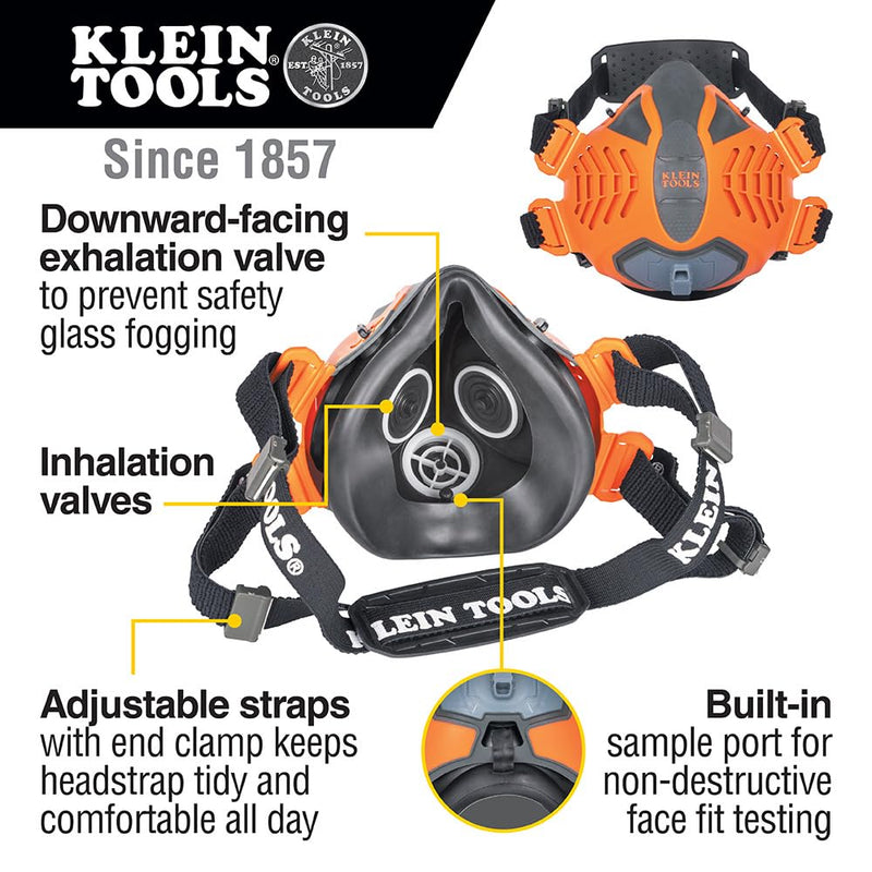 Klein Tools 80180 Reusable P100 Half-Mask Respirator with 4 Replaceable Filters for Dust, Metal Fumes, and Oil Mist, M/L