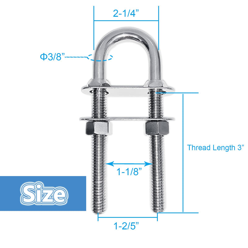 Marine Boat U Bolt Stern Bow Eye Tie Down, RV Yacht Stainless Steel with Hex Nuts & Washers, 4-1/2” Overall Length, 3/8“ Stock, 3“ Thread Length 2
