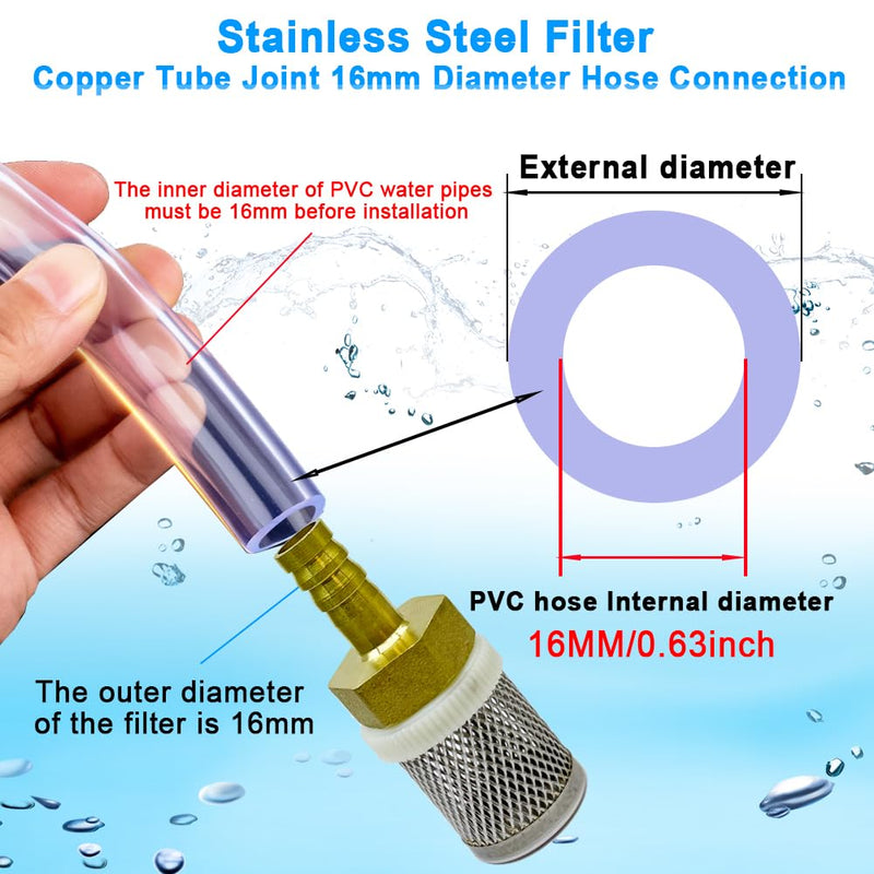 Stainless Steel Filter Copper Tube Joint 16mm Diameter Hose Connection, Garden, Swimming Pool, Fish Tank Hose Filter, Suction Strainers Used to Remove Debris and Reduce Solid Entry(16mm) Diameter 16MM