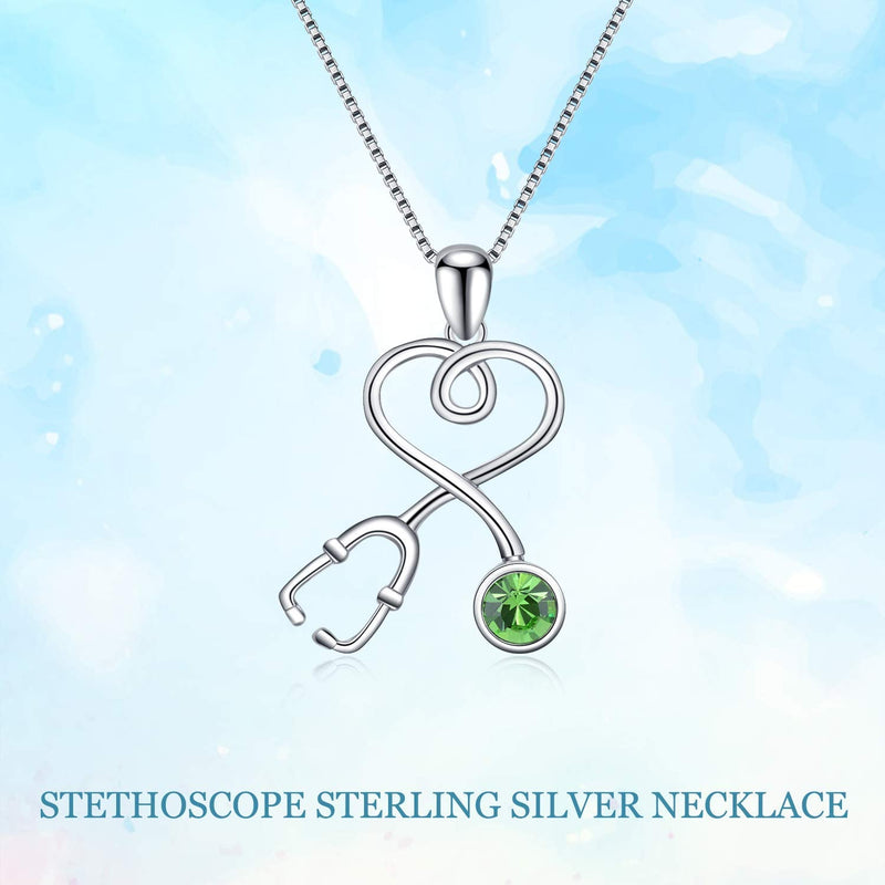 AOBOCO Stethoscope Necklace 925 Sterling Silver Embellished with 12 Months Birthstone Crystals from Austria, Graduation Gifts Medical Jewelry for Doctor Nurse Medical Student RN 925 Silver - Peridot Green