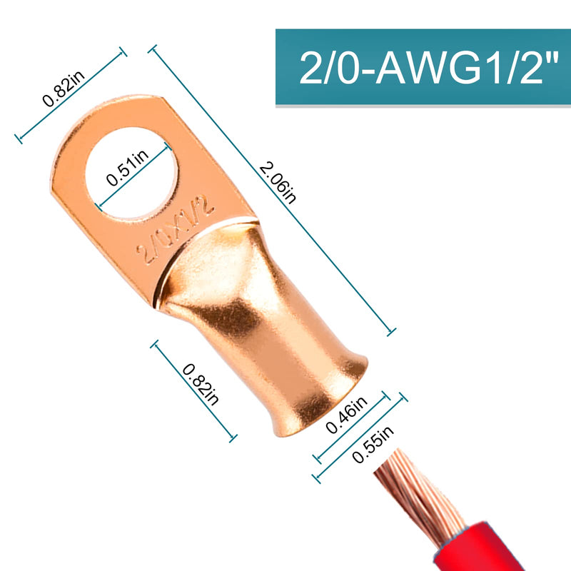 4 PCS Battery Terminal Connectors, Battery Cable Ends Lugs, 2/0 Gauge Wire Connectors, 2/0 AWG 1/2" Stud Ring Terminals, Copper Wire Lugs with Heat Shrink Tubing. 2/0AWG*1/2"(M12) 4PCS