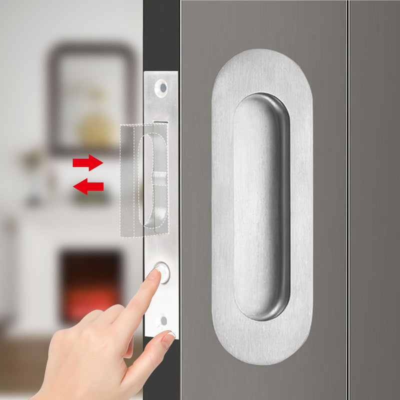 Pocket Door Handle with Edge Pull,6 inch Oval Recessed Flush Pocket Door Pulls,304 Stainless Steel Pocket Door Hardware, Hidden Edge Pull with Push Automatic Bounce Switch,Silver Silver 6 Inch