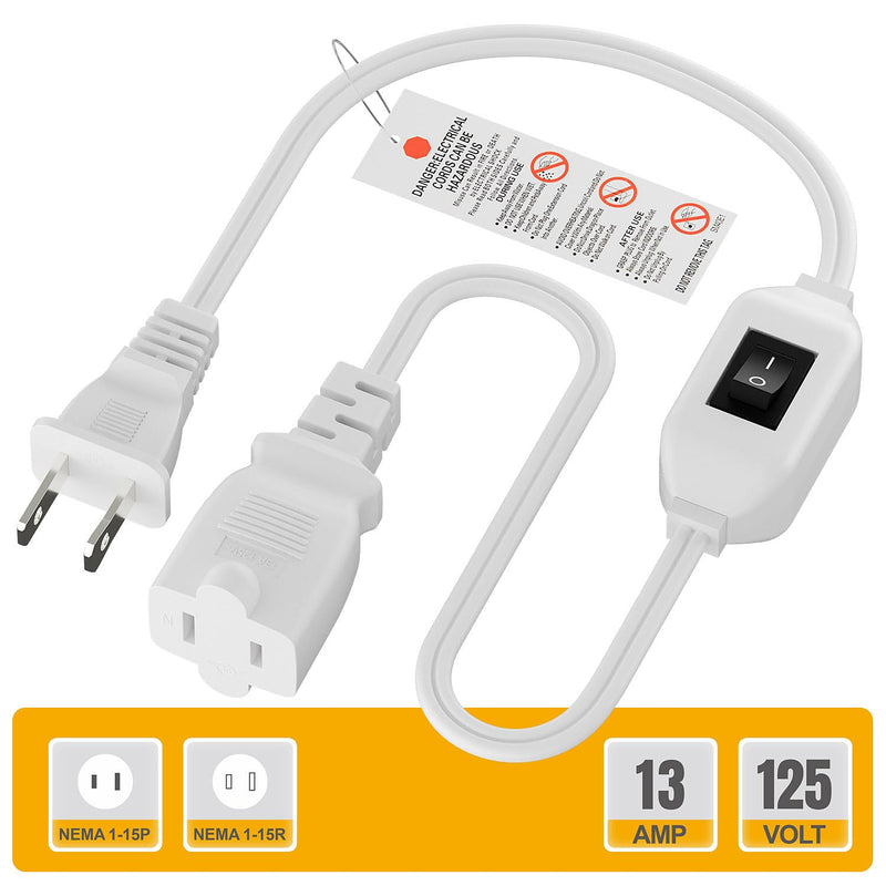 On Off Switch Extension Cord [2-Feet], 2-Prong/2 Outlet Polarized Extension Cord with Switch 12A/125V for Your Chargers/Lamp/Power Adapters etc, 16AWG Cord White