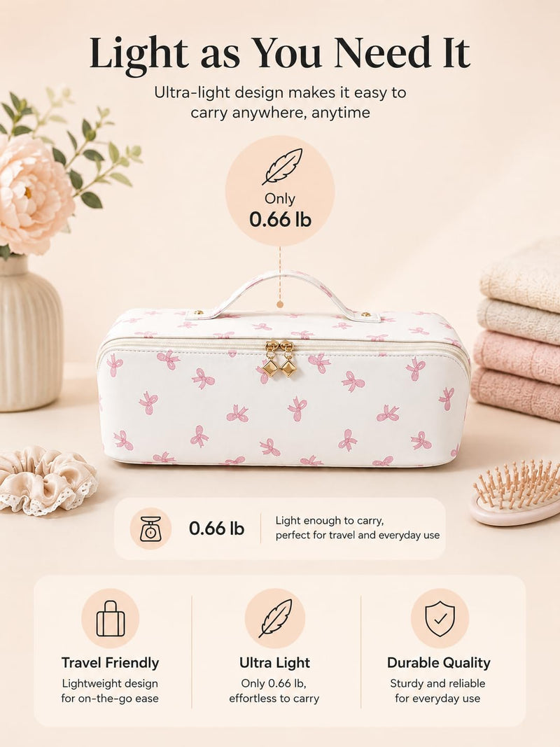 Hair Tool Travel Bag With Heat Resistant Mat, Large Capacity Hot Tool Bag & Hair Tool Organizer Bag for Curling Iron, Flat Iron, Hair Dryer, Hair Accessories Organizer, Travel Essentials for Women pink bow