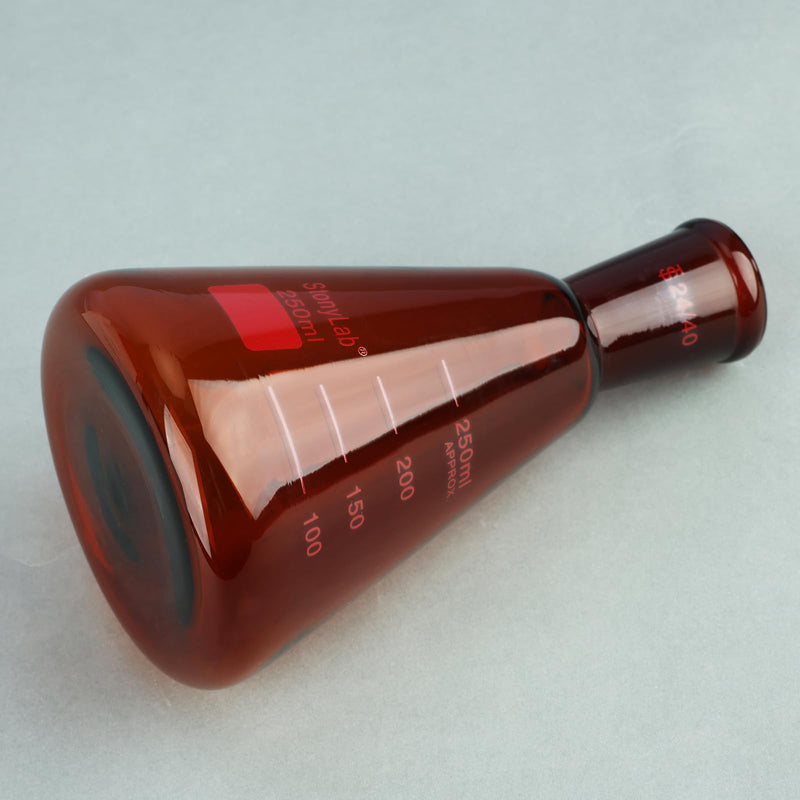 stonylab Amber Erlenmeyer Flask with 24/40 Standard Taper Outer Joint, Borosilicate Glass Heavy Wall Flask in 250 ml Capacity, Ideal for Mixing, Heating, and Lab Experiments