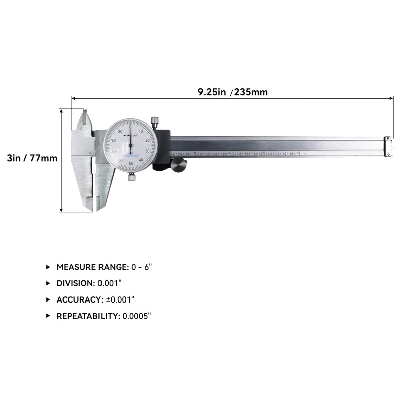 HFS(R) 0-6" Carbon Steel 4 Way Imperial Dial Caliper .001" Shock Proof