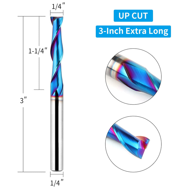Upcut Spiral Router Bit 1/4 inch Shank, 1/4 inch Cutting Diameter, Extra Long 3 inch Solid Carbide with Nano Blue Coating CNC Router Bits End Mill for Wood Cut, Carving 3" OVL - Up Cut