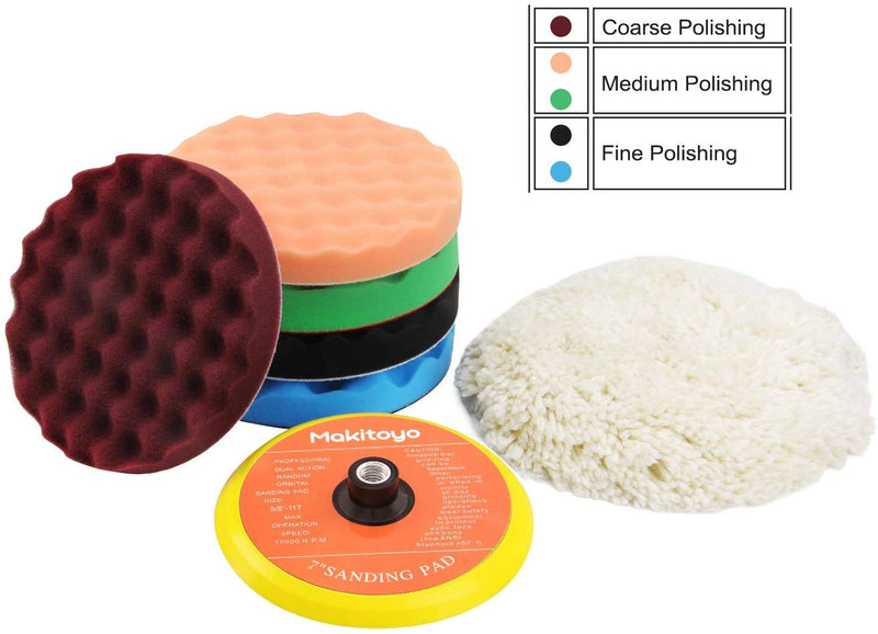 Makitoyo 7PCS 7 Inch Buffing Polishing Pads Kit,5pcs Polishing Sponge,1 pc Wool Pad,Waxing Buffing Pad Kit for Car
