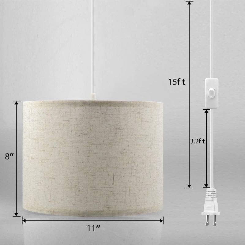Plug in Pendant Light, 15 FT Hanging Lamp with Plug in Cord, On/Off Switch, Pendant Lighting with Fabric Shade, Hanging Light Fixture for Living Room, Bedroom, Dining Room, Kitchen (Beige) Beige