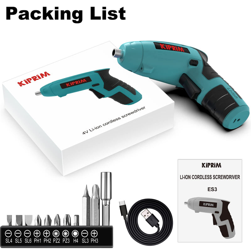 Small 4V Electric Screwdriver,Kiprim ES3 Cordless Screwdriver Tool with Rechargeable Battery,LED Front Light & Power Display Light for Home DIY Blue