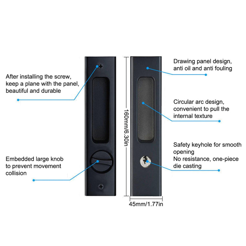 6.3" Privacy Pocket Door Lock Hardware, Sliding Barn Door Lock with Keys,Concealed Recessed Door Handle Door Lock Furniture Hardware Door Locks for Many Scenarios Bathroom, Barn,Bedroom (Black) Black