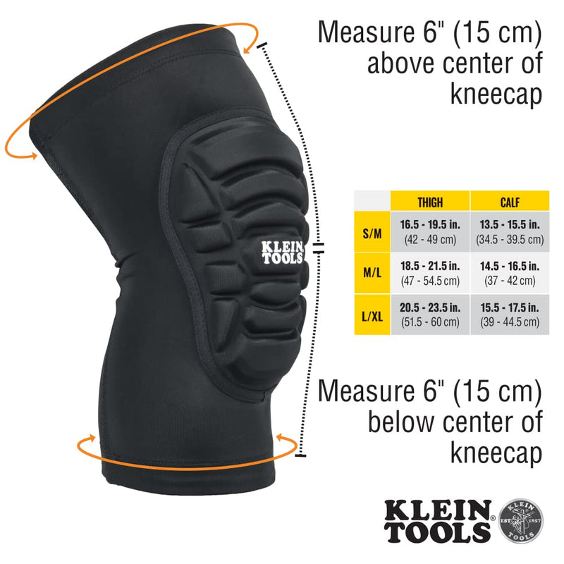 Klein Tools 60592 Knee Pads, Lightweight Padded Knee Sleeves, Breathable Mesh Back, Elastic Cuff with Slip-Resistant Silicone, Black, L/XL