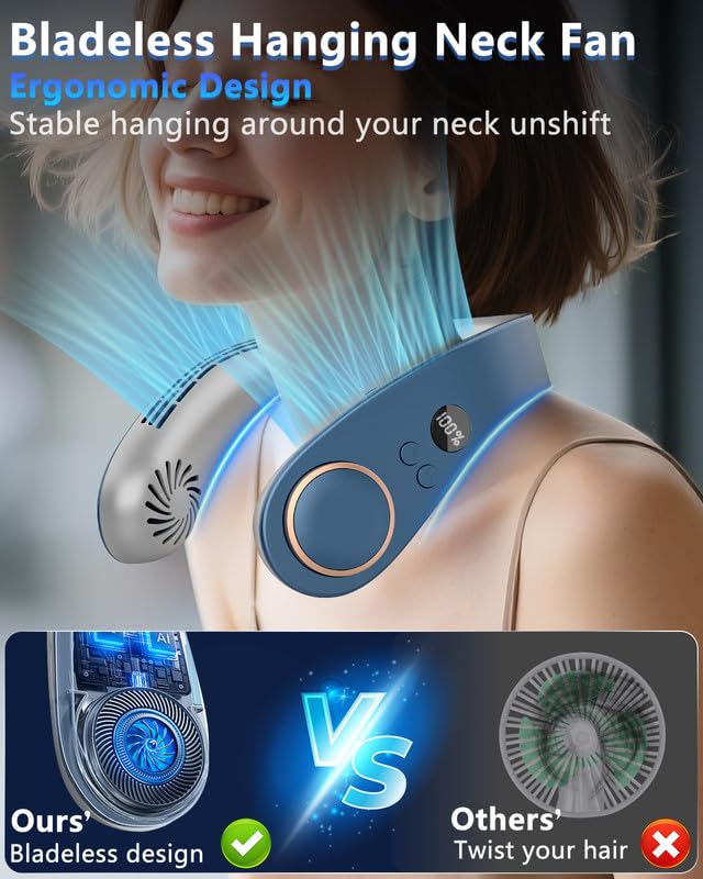 Neck Air Conditioner with Cooling Plate,Portable Neck Fan Air Conditioner,Recargable Long Life Bladless Personal Fan for Neck,Silent Headphone Round Conditioning Unit Gadgets for Travel Camping Disney Blue
