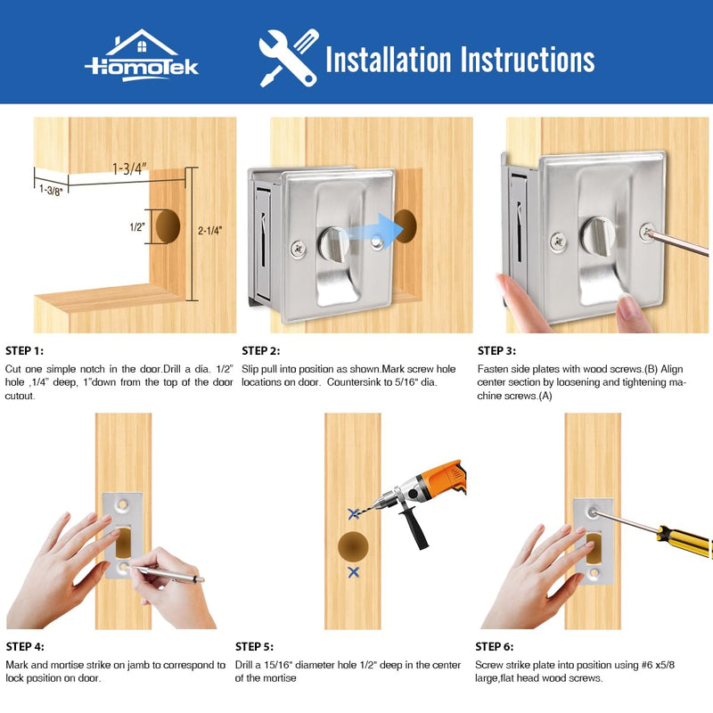 HOMOTEK 4 Pack Privacy Pocket Door Lock Hardware with Pull Pocket & Bi-Fold Door Hardware- Replace Old Or Damaged Sliding Door Locks, 2-3/4”x2-1/2”, for 1-3/8” Thickness Door, Brushed Nickel