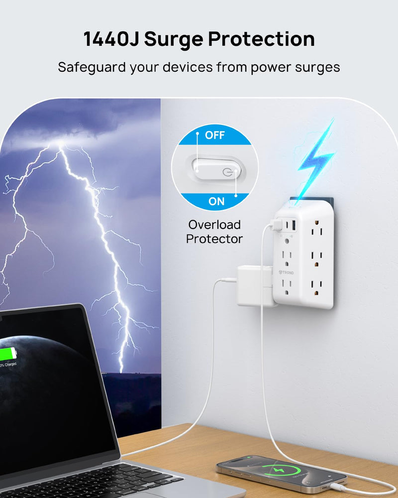 TROND Outlet Extender Surge Protector, 8 Outlet Splitter with 3 USB Ports(1 USB C), 1440J Electric Plug Multiplier, Multi Plug with ON/OFF, 3 Way Multiple Wall Extension Adapter for Home School Office 8 AC Outlets