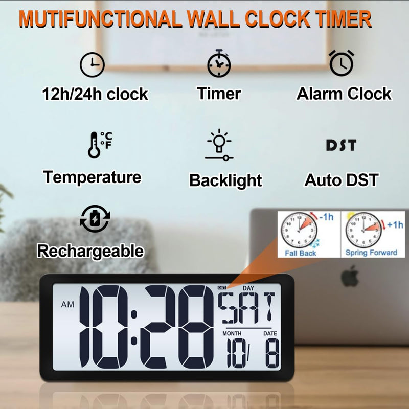 15 Inch Large Rechargeable Digital LCD Wall Clock with Backlight Glow in the Dark,Night Light Wall Clock with Week,Date & Temperature,DST,Alarm Display for Living Room, Bedroom, Gift for Elderly Black