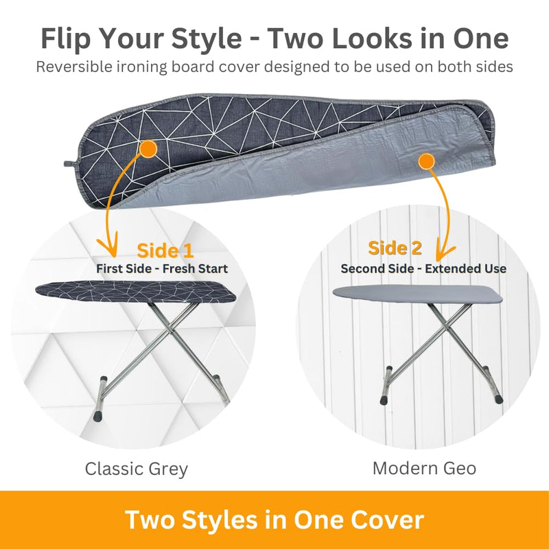 Ironing Board Cover and Pad Dual Side X2 Lifetime Double Using Heavy Duty Thick Padding Heat Reflective Non Stick Scorch and Stain Resistant Adjustable 15x54 inch Double Sided Geometric Grey