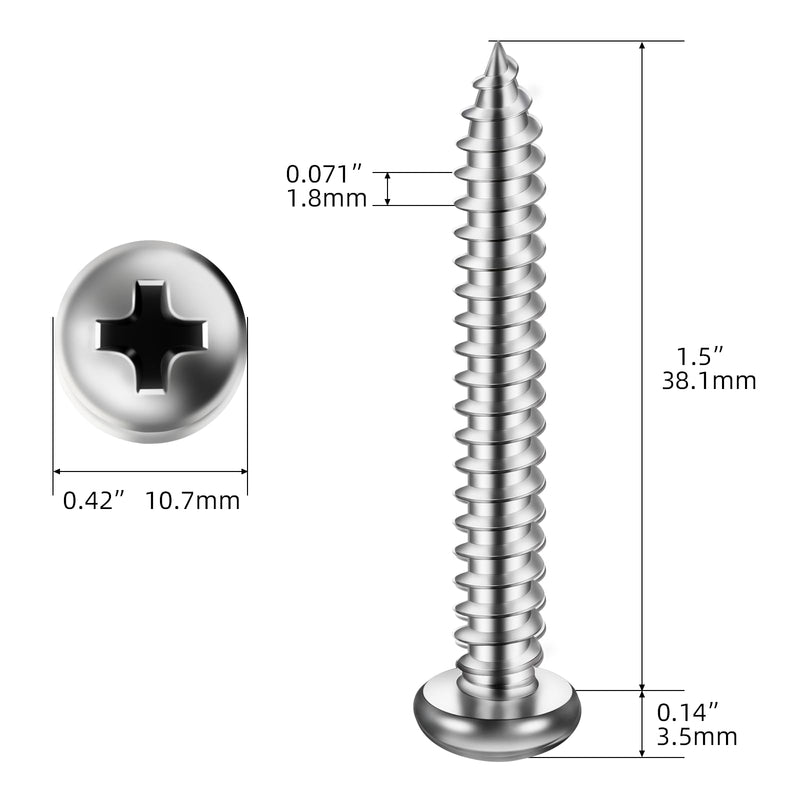 #12 x 1-1/2" Pan Head Self Tapping Screw, Pan Head Sheet Metal Screws Wood Screws, Stainless Steel 304 (18-8), 50 Pack #12 x 1-1/2"