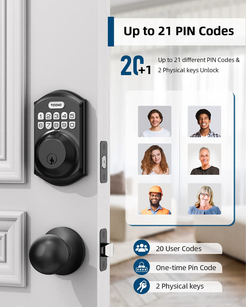 TEEHO TE001K Keyless Entry Door Lock with Handle, Electronic Keypad Deadbolt with 2 Knobs, High-Security Front Door Handle Set for Home & Rental, Smart Auto-Locking, Easy Install, Matte Black