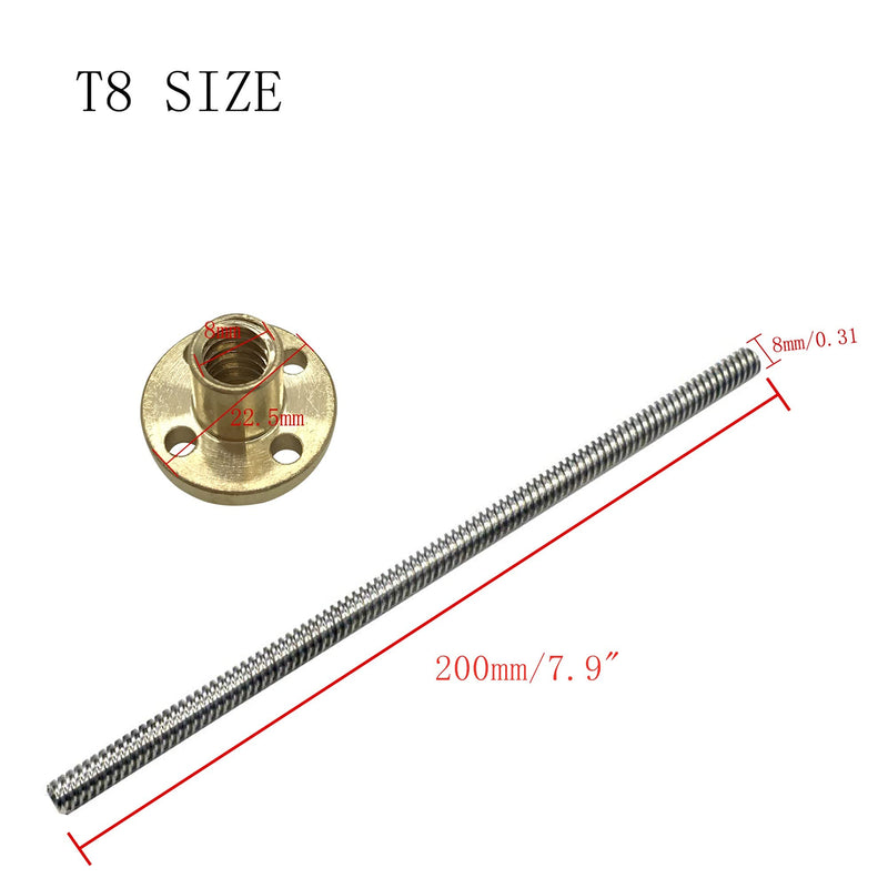 2pcs 200mm Tr8X8 Lead Screw with T8 Brass Nut for 3D Printer Machine Z Axis(Acme Thread, 2mm Pitch, 4 Start, 8mm Lead)