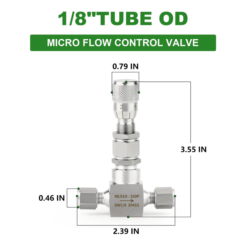 TAISHER 1PCS 304 Stainless Steel Reduce Port 3mm Needle Valve 1/8" OD，Accurate Dials For Micro Flow Control Instrument Gauge Water Gas Oil