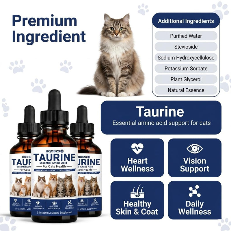 Taurine Supplement for Cats Liquid Drops – Daily Heart & Vision Wellness Support for Indoor Cats, Senior Cats & Picky Eaters – Easy-to-Mix Taurine Formula – 60 mL
