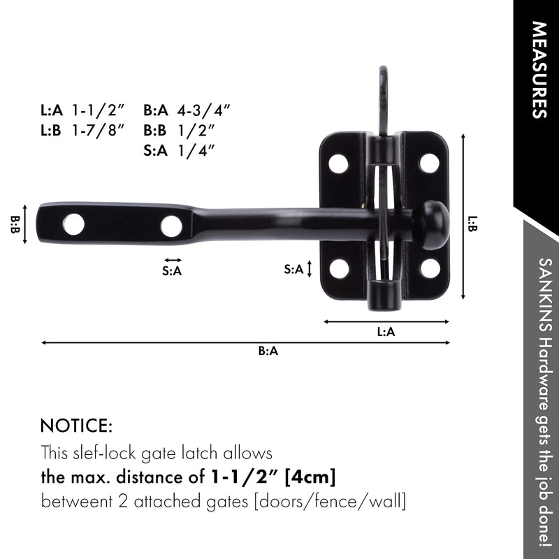 Self Locking Gate Latch Automatic Gravity Lever for Wood Fence Gate, Door Latches, Steel, Black 1 Normal