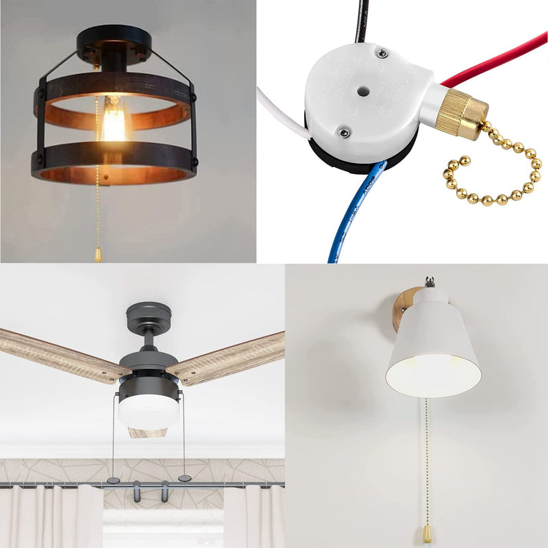 with 4 Pre-Installed Wires Ceiling Fan Switch 3 Speed 4 Wire, ZE-208s Zing Ear E89885 Fan Pull Chain Switch, Brass Chain
