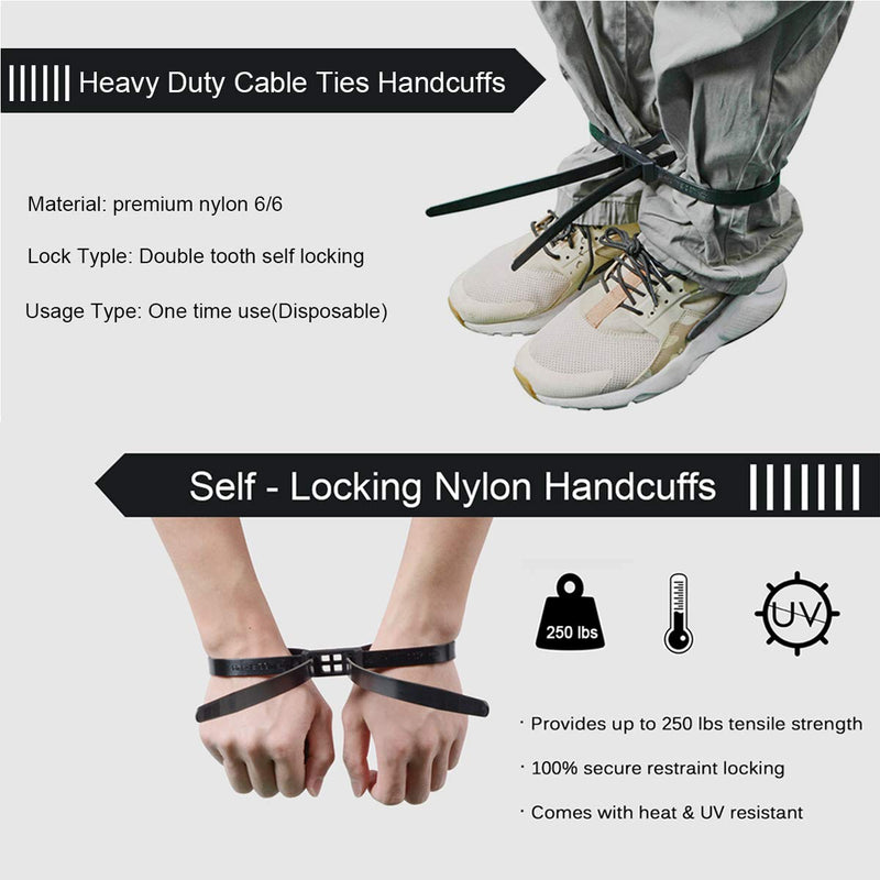 Length: 35.4” Flex Cuffs, 10Pcs Heavy Duty Zip Tie Handcuffs Restraint Disposable Police Nylon Double Cuffs with UV & Heat Resistant, 250 lbs Tensile Strength - Black