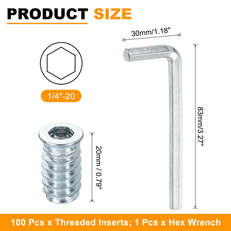 uxcell 100 Pcs Threaded Insert for Wood, 1/4" - 20 Carbon Steel Threaded Studs Hex Socket Drive Nut Inserts Screw in Nut Fastener Connector with Hex Wrench 20mm Length for Home, Silver 1/4"-20x20mm