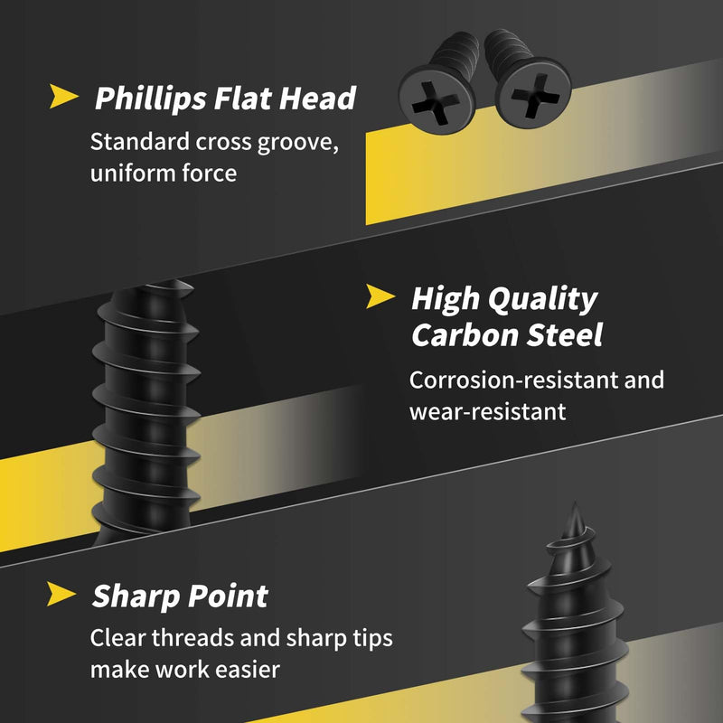 Wood Screws 1/2 Inch, FIXLINK Premium Flat Head Phillips Black Wood Screws 135 PCS, Self Tapping Electrophoresis Used in Indoor Furniture, Woodworking (#6 x 1/2") #6 x 1/2"