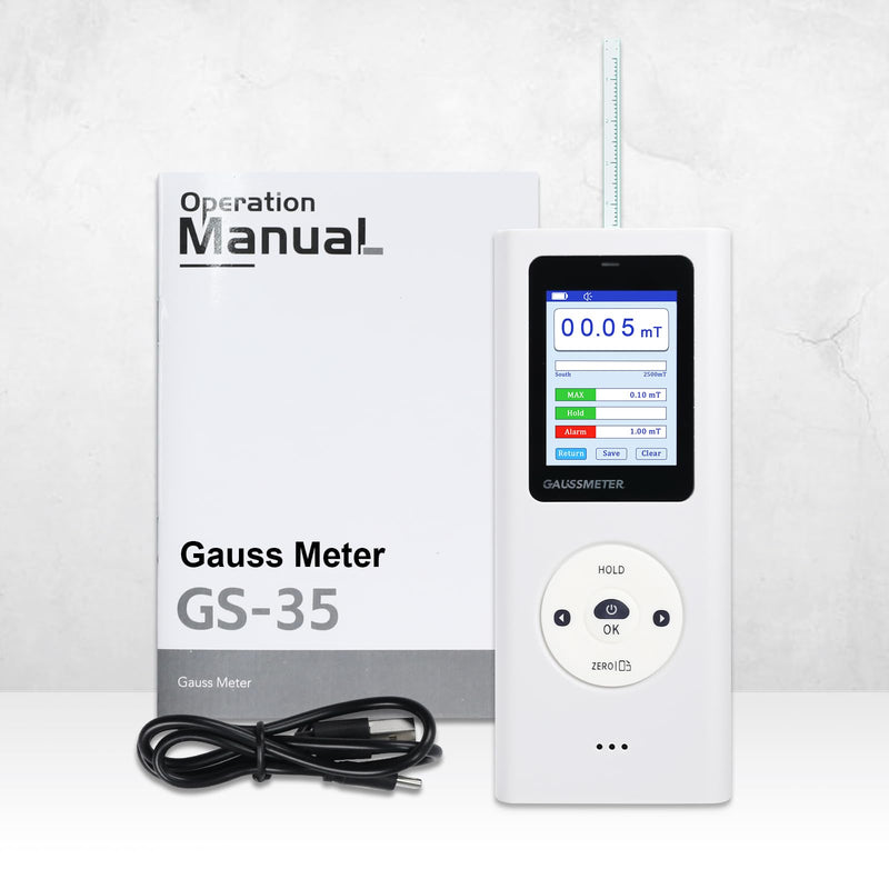 Gauss Meter Rechargeable Tesla Meter 25000Gs/2500 mT Range N/S Pole Detection, Portable Magnetometer Magnetic Field Strength Tester with Data Logging & Alarm ±5% Accuracy for Factory QC and Workshops