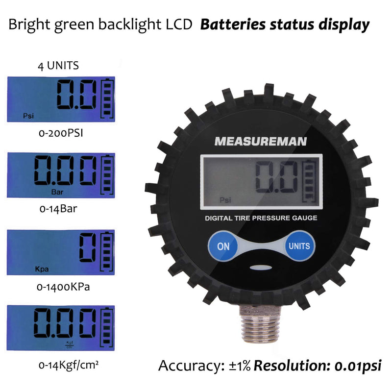 MEASUREMAN 2-1/2" Dial Size Digital Air Pressure Gauge with 1/4'' NPT Bottom Connector and Protective Boot, 0-200psi, Accuracy 1%, Battery Powered with LED Light Short thread
