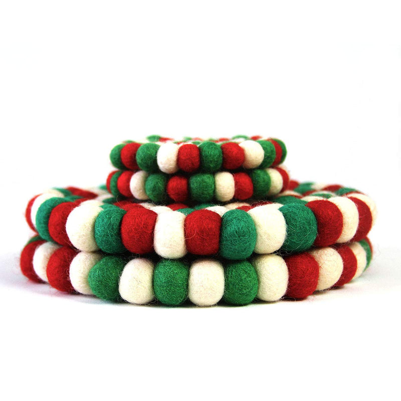 Global Crafts Hand Crafted Felt Ball Wool Trivet Mat from Nepal, 8" Round Pad Christmas