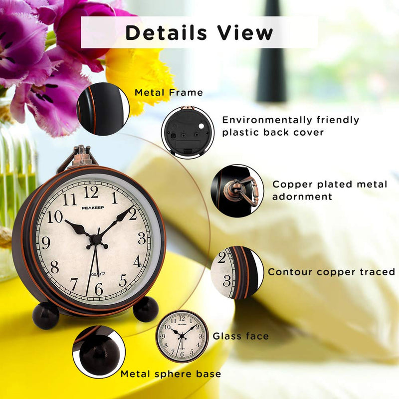 Peakeep 4" Small Battery Operated Antique Retro Analog Alarm Clock with Contour Lines in Gold for Room Decors, Silent Elegant Bedside Desk Gift Clock Black