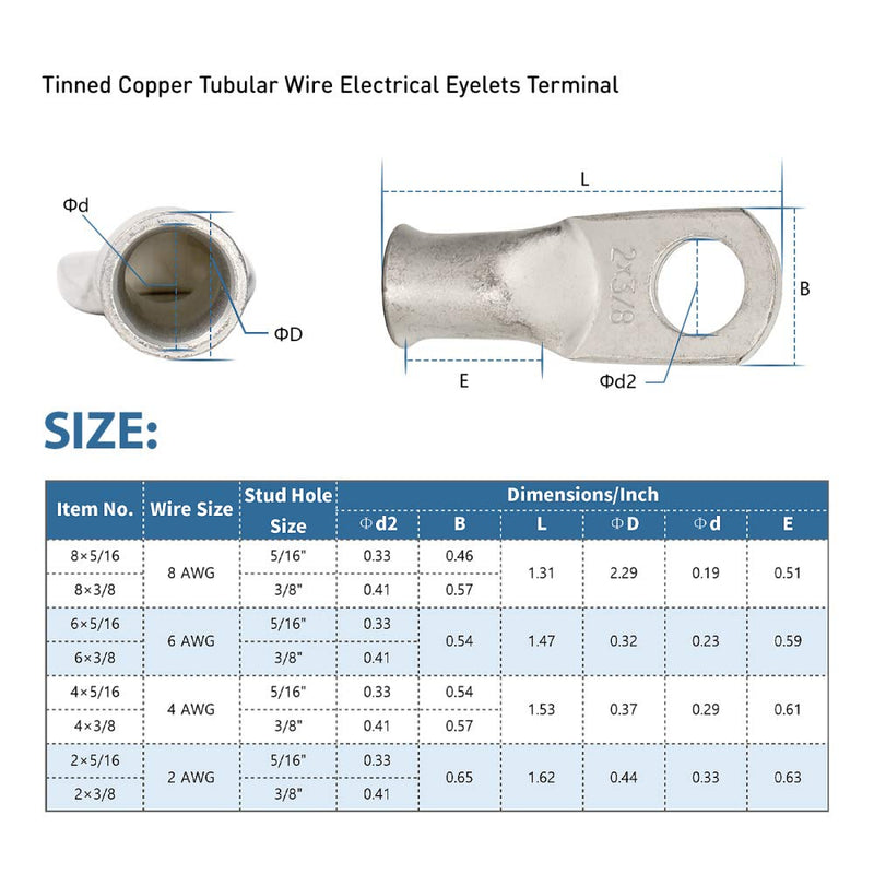 12PCS 2x5/16 Tinned Copper Ring Terminal Connectors 2 AWG Heavy Duty Battery Cable Ends Bare Copper Lugs with 12 PCS 3:1 Heat Shrink Tubing for Vehicle Boat Marine Use 2AWGx5/16"Ring