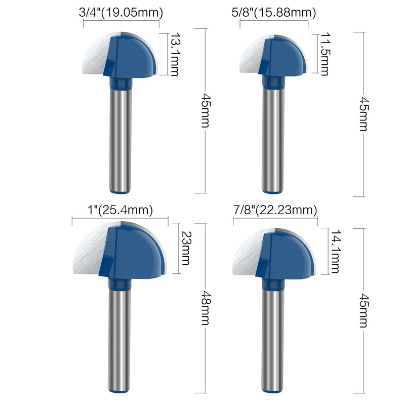 1/4 Inch Shank Core Box Router Bit & V Groove Router Bit Set (5/8" 3/4" 7/8" 1") Cutting Diameter Woodworking Milling Cutter Tool 8Pcs