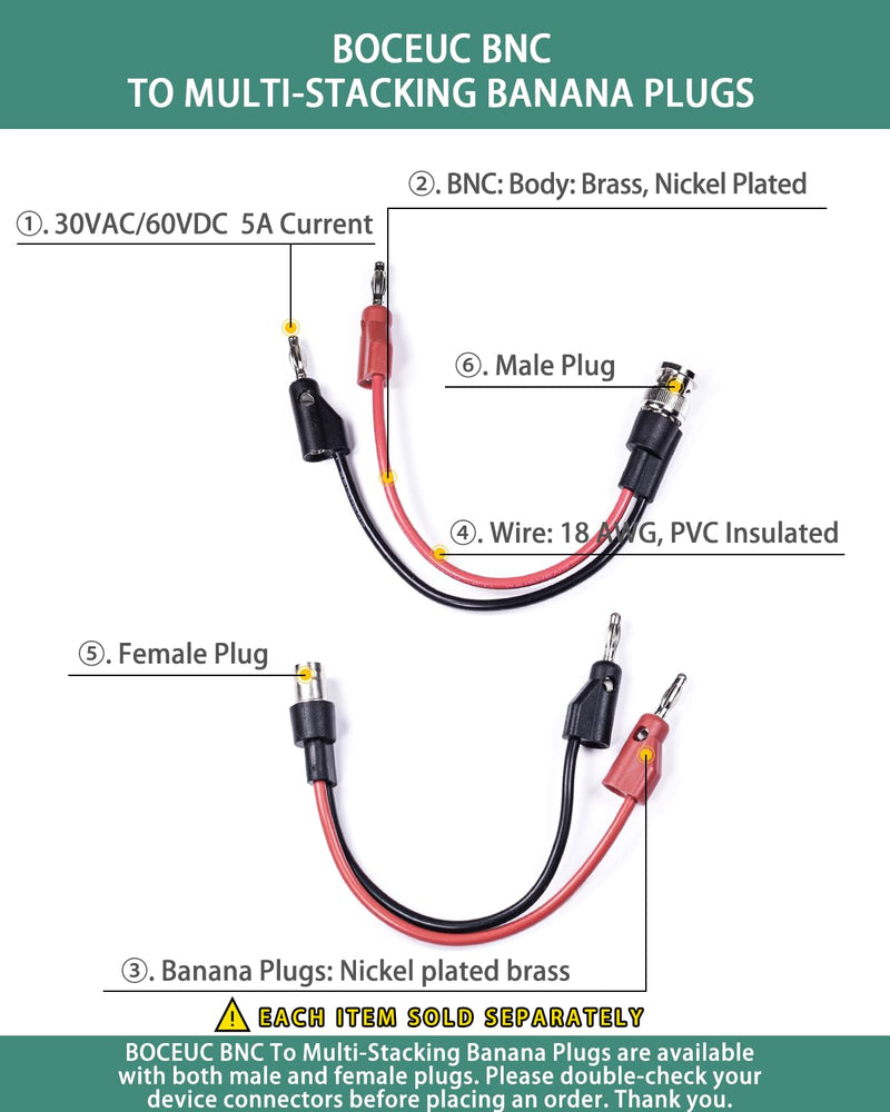BNC Test Leads, BNC to Multi-Stacking Banana Plugs, Test Lead Breakout Cable for Multimeter, 5A Current Rating, 1 Pack Male Plug