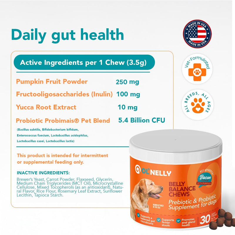 OL'Nelly Dog Probiotic Chews, 5.4 Billion CFU, 6 Strains, Pumpkin, Inulin & Yucca Root, Digestive Health Supplement for Dogs, Supports Gut Balance, Firmer Stools, Anal Gland Health, Gas & Bloating