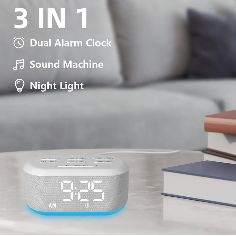 Small Digital Alarm Clock for Bedrooms Sound Machine with 30 Soothing Sound Plug in Desk Clock with Night Light Noise Machine Battery Backup 15 Wake up Sound Clock for Teen Kid Heavy Sleeper Snooze White