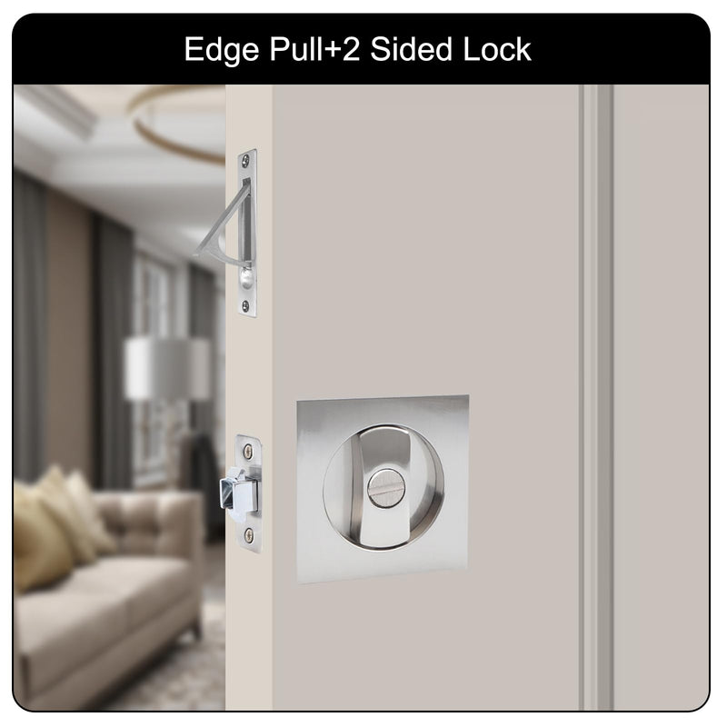 Pocket Door Lock with Edge Pull,Privacy Door Hardware Suitable for Bathroom Bedroom etc Recessed 2 Sided, 2 3/8" Backset, Invisible Hardware for 1 3/8” to 2 3/16” Thickness Door (Sliver+Edge Pull) Sliver+Edge Pull