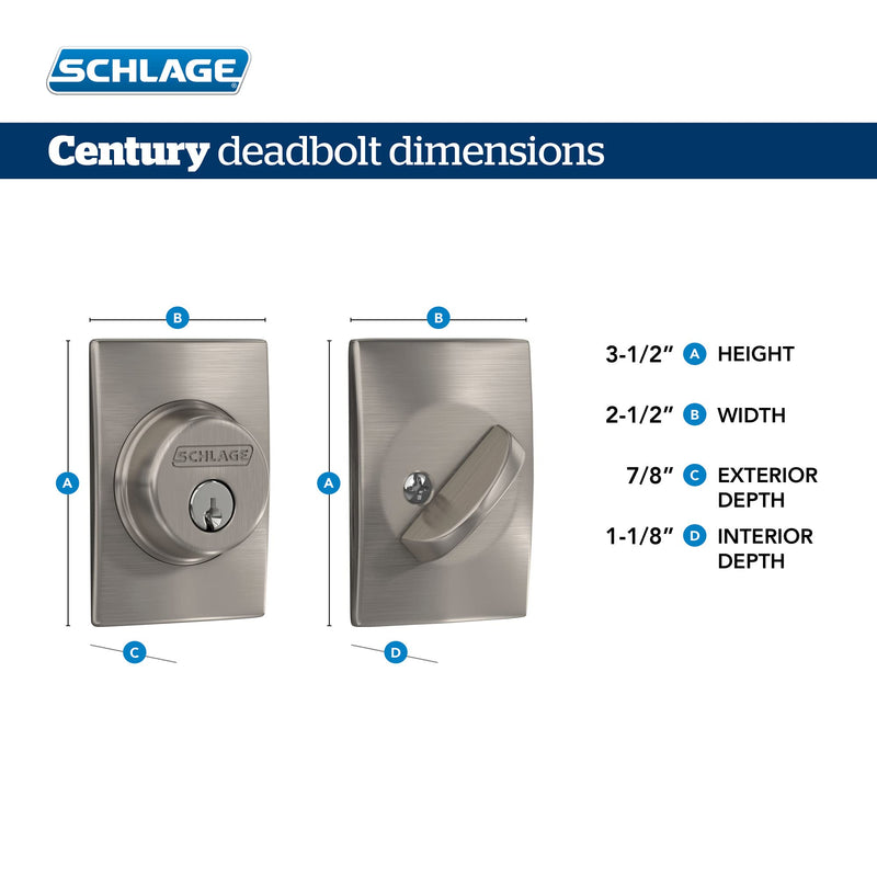 Schlage B60 N CEN 619 Deadbolt with Century Trim, Keyed 1 Side, Highest Residential Security, Satin Nickel