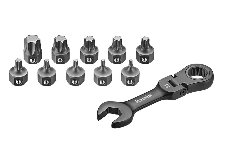 11 PCS Stubby Torx Bit & Flex Ratcheting Wrench Set, 120-Tooth Ratchet with Non-Slip 13mm Open End, Low Profile S2 Star Bits T10–T60 for Automotive & Tight Spaces