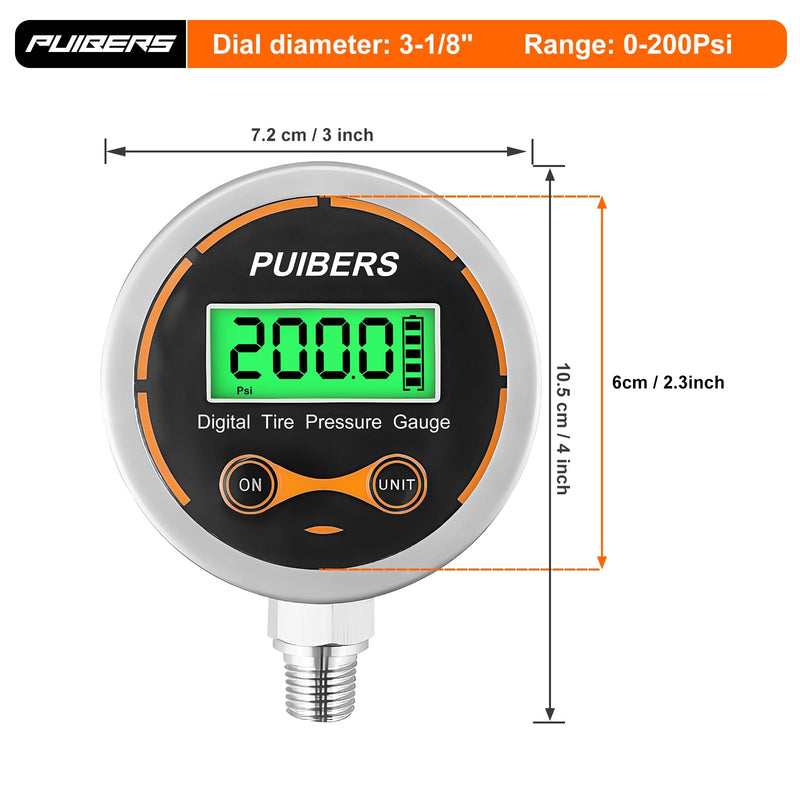 Digital Oil Pressure Gauge 1/4 NPT 200 PSI，Media Oil, Air or Water Pressure Gauge 304 Stainless ±0.25% Accuracy,Suitable for Home Water Pipe, HVAC,Air Pressure Measuring