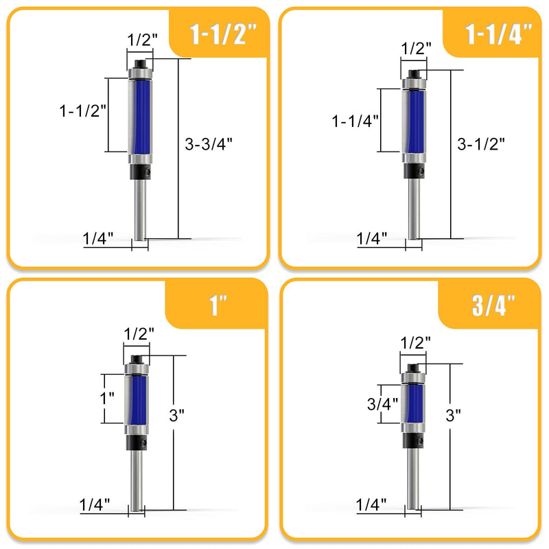 MEANLIN 4Pcs Flush Trim Top and Bottom Bearing Router Bit 1/4Inch Shank for Woodworking, Cutting Diameter:1/2Inch, Cutting Length:3/4 Inch, 1 Inch, 1-1/4 Inch, 1-1/2 Inch with Bearing Replacement Set